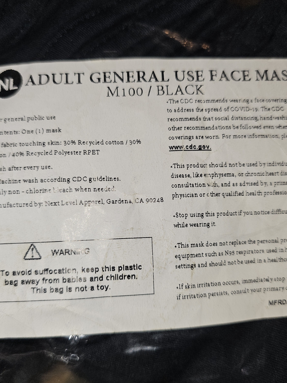 Never Opened: Next Level Apparel Black Adult Face Mask - Reusable 48PK